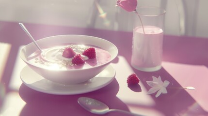 Bowl of Raspberry Yogurt with Fresh Raspberries and Glass of Water on Pink Table in Soft Natural Light