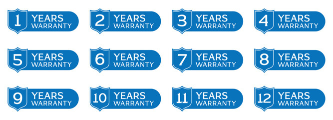 Vector Warranty shield badge label icon - Reliable Guarantee Labels for Products and Services. Warranty badge label for 1 to 12 years