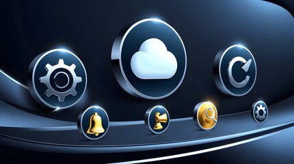 Cloud interface with glowing golden notification icons across futuristic smooth blue technological surface
