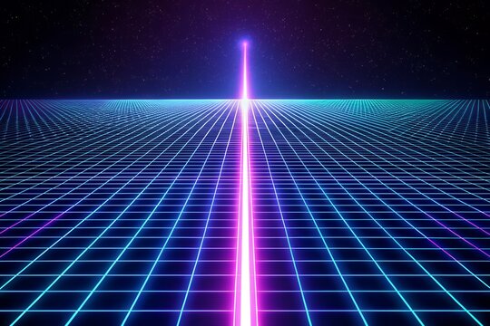 Neon grid landscape with vertical light beam