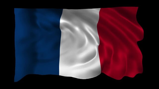 Realistic France flag waving in a seamless loop with alpha channel for overlays perfect for Bastille Day, French national day events, government celebrations, cultural projects, and 4K compositing