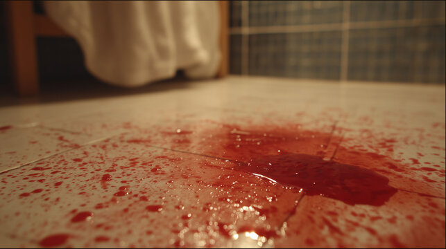 A red liquid is splattered on the tiled floor, creating a stark contrast with the white tiles. The scene suggests a chaotic and possibly distressing situation. Soft shadows hint at nearby objects, but