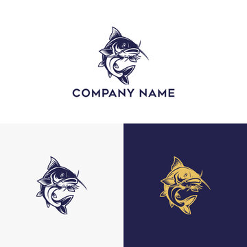 Classic hand-drawn catfish logo design concept. A vintage fishing club mascot or seafood restaurant emblem in a bold vector illustration format