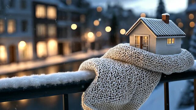 Cozy winter scene with a tiny house on a warm blanket overlooking a city lit by soft lights at twilight