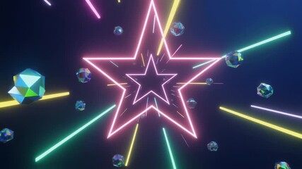 Vibrant neon star tunnel with radiating colorful light beams and floating geometric shapes against a dark space background - Powered by Adobe
