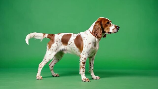 A spotted irish setter dog standing on a green background in a studio environment posing nicely dog green screen video