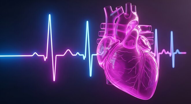 Glowing Pink Heart Anatomy with Neon EKG Line human heart cardiology