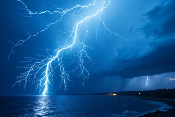 Intense blue lightning strikes over dark water and stormy sky