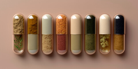 Various herbal and plant-based powders and textures encapsulated in transparent capsules arranged on a soft beige background