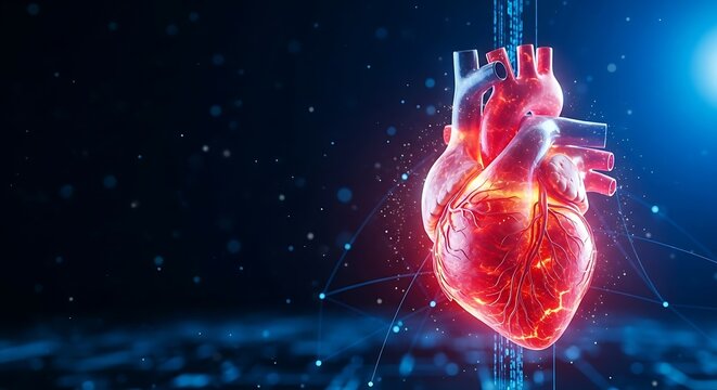 Glowing Red Human Heart with Digital Network Overlay anatomy organ