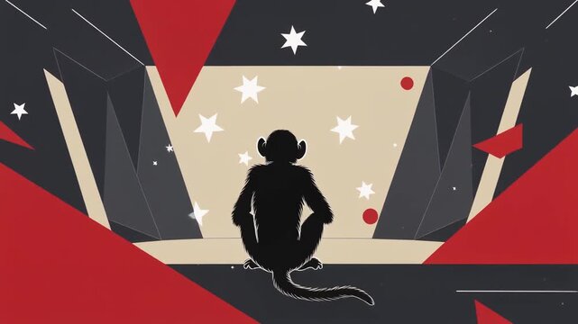 Monkey Silhouette in Geometric Abstract Scene with Stars and Red Accents, Symbolic Design