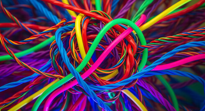 3D image Tangled Multicolored Wires Image for Complexity, Chaos, Connectivity, Confusion, Abstract Art, Tech Design, Network Systems, Visual Metaphor.