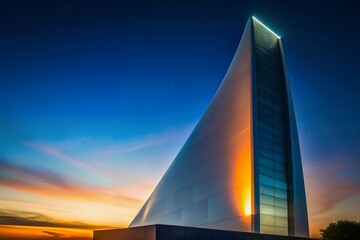 Modern triangular skyscraper illuminated by sunset sky