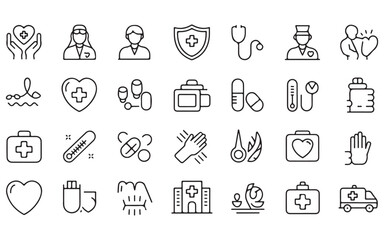 Medical and healthcare line icons set with doctor and patient symbols