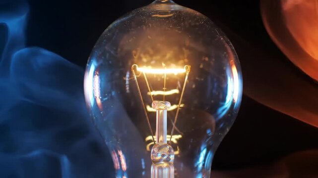 A glowing filament bulb surrounded by smoke and blue and orange light, set against a dark background