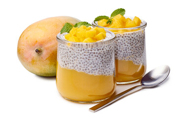 Vibrant mango chia pudding layered with fresh mango and mint in individual glass containers