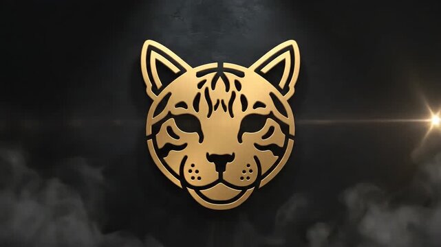 A gold, cutout-style cat face logo on a gray background, illuminated by bright light on the left
