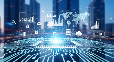 Digital technology interface with circuit board and icons over city background at night view