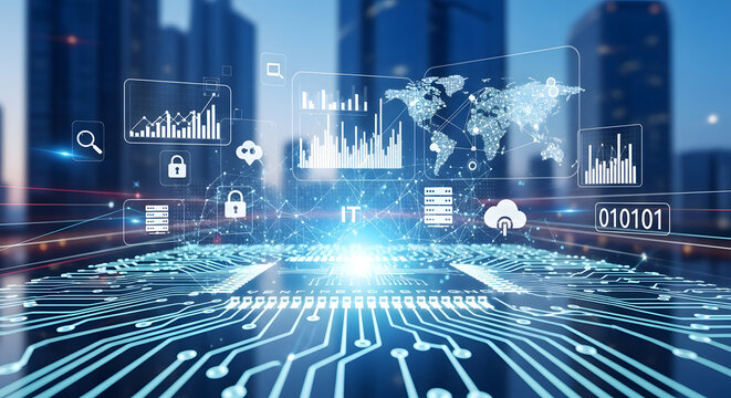 Digital technology interface with circuit board and icons over city background at night view