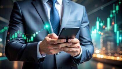 Businessman using phone with financial stock market data and charts modern technology showing business growth and global investment