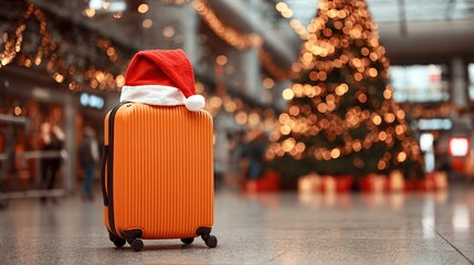 Orange suitcase with santa hat awaits travel. Festive airport features bokeh christmas lights. Holiday season journey begins with excitement.