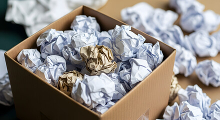 A cardboard box filled with crumpled white and brown paper balls scattered around the box surface