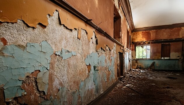 damaged wall section showing peeling paint and exposed layers in an old building