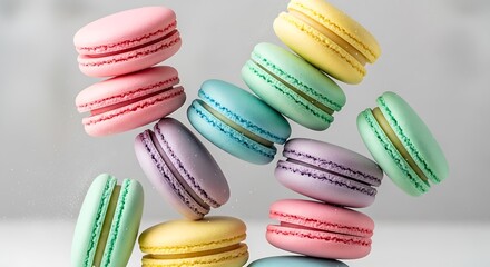 Tower of assorted macarons with pastel colors creates a sweet delight
