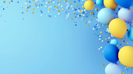 Blue and yellow party balloons with colorful confetti on light blue background and copy space for festive celebration
