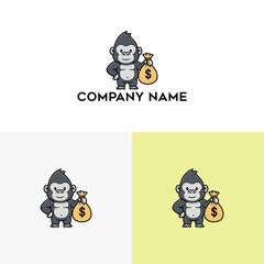 Powerful gorilla mascot holding a bag of money, symbolizing wealth, success, and financial growth, ideal for business, finance, or investment branding