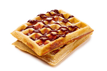 Sweet breakfast display, Chocolate topped waffle with sugar, Crispy waffles with caramelized glaze