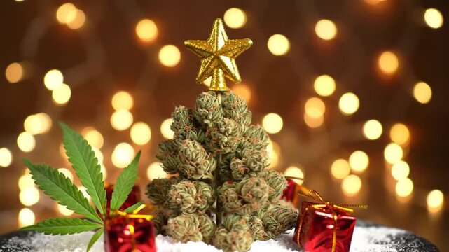 Giant bud shaped like a Christmas tree surrounded by presents and snow. Cannabis themed Christmas background for Marijuana sales at legal