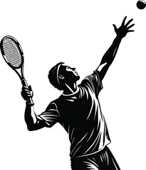 Tennis player serving silhouette vector showing dynamic motion and clean bold lines, perfect for sports branding, tournament posters, athletic logos, apparel prints, coaching graphics, and digital des