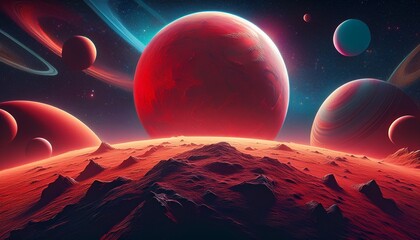 space scene with a red planet and other planets in the background