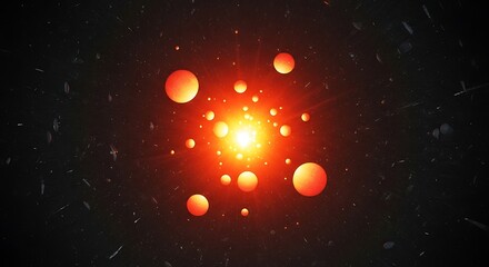 Vivid orange light and glowing spheres on a dark cosmic backdrop