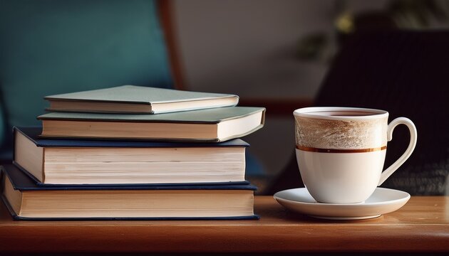 stack of books and a cup of tea sit on a table