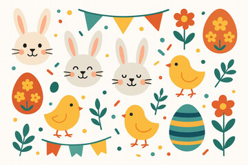 Modern flat Easter vector set with cheerful bunny faces abstract egg designs confetti banners baby chicks and garden motifs bold shapes balanced composition high quality vector finish white background