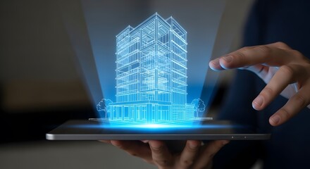 Man holding a tablet displaying a futuristic holographic blueprint of a modern building