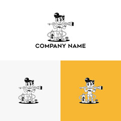 Charming old-school cartoon mascot featuring a smiling cleaner using a power washer, ideal for branding a modern sanitation or detailing service