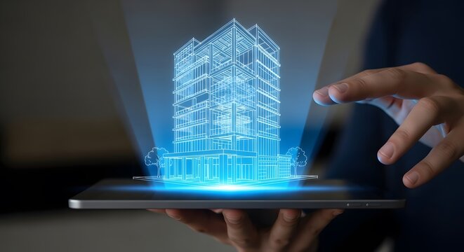 Man holding a tablet displaying a futuristic holographic blueprint of a modern building