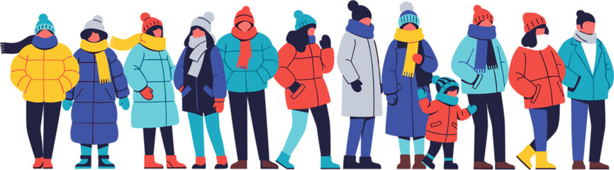 Diverse group of men, women, and a child in colorful winter coats, warm scarves, and cozy hats, standing in a line, flat vector illustration for cold weather concepts.