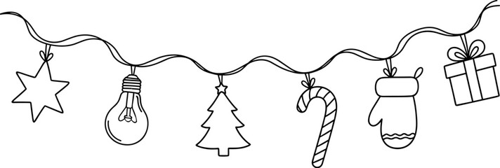Christmas garland with hand drawn doodle icons: star, glowing light bulb, fir tree, candy cane, mitten, gift box. minimalist holiday decor.