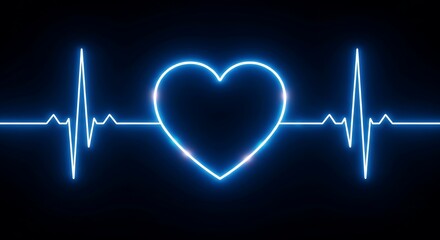 Blue neon heart shape with electrocardiogram waveform on black background love health