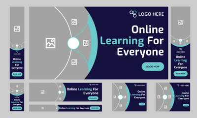 Customizable vector online education web set banner design for social media post, daily learning web bundle banner design, editable vector eps 10 file format