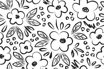 Seamless floral pattern drawn with black brushstrokes. Monochrome, hand-drawn botanical ornament. Ink-drawn simple flowers, leaves, and strokes. Floral elements on white background.