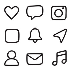 Hand drawn social media icons set. digital communication symbols.