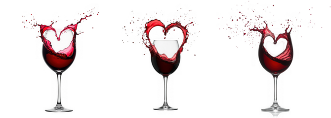 Three wine glasses with red wine splashing into heart shapes, isolated on transparent background