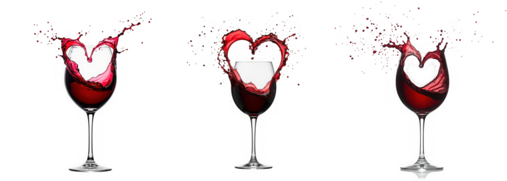 Three wine glasses with red wine splashing into heart shapes, isolated on transparent background