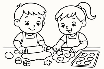 Kids Baking Fun. Kids baking cookies children’s coloring book illustration, outlined drawing, two children in