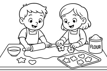 Kids Baking Fun. Kids baking cookies children’s coloring book illustration, outlined drawing, two children in